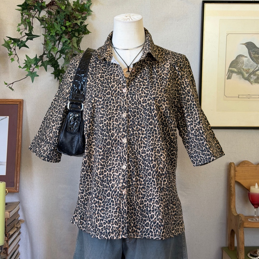 Brown Leopard Print Button Up Shirt Indie Sleaze Y2K L Cheetah Officecore